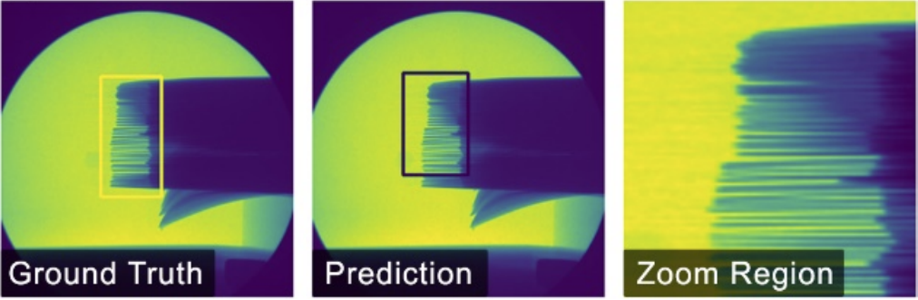Ground truth versus prediction for battery imaging, demonstrating the accuracy of neural surrogates.
