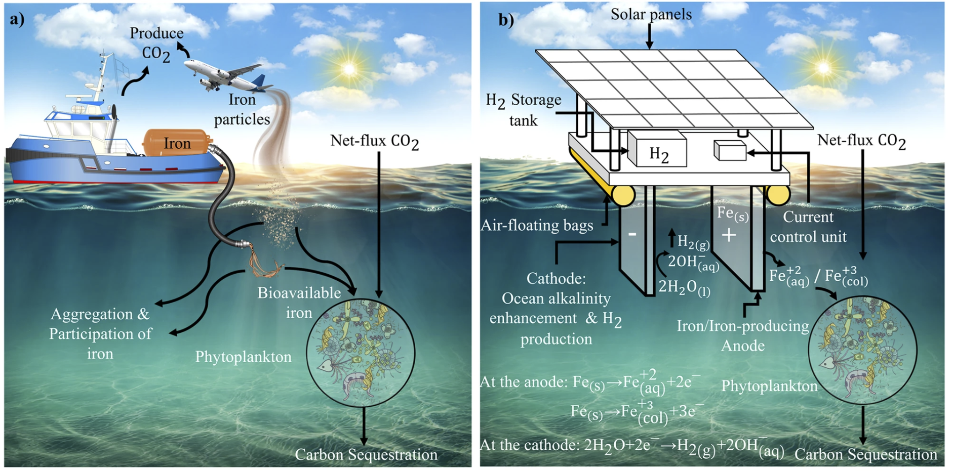 Two-panel illustration of electrochemical ocean iron fertilization and floating platform for ocean alkalinity enhancement and hydrogen production.